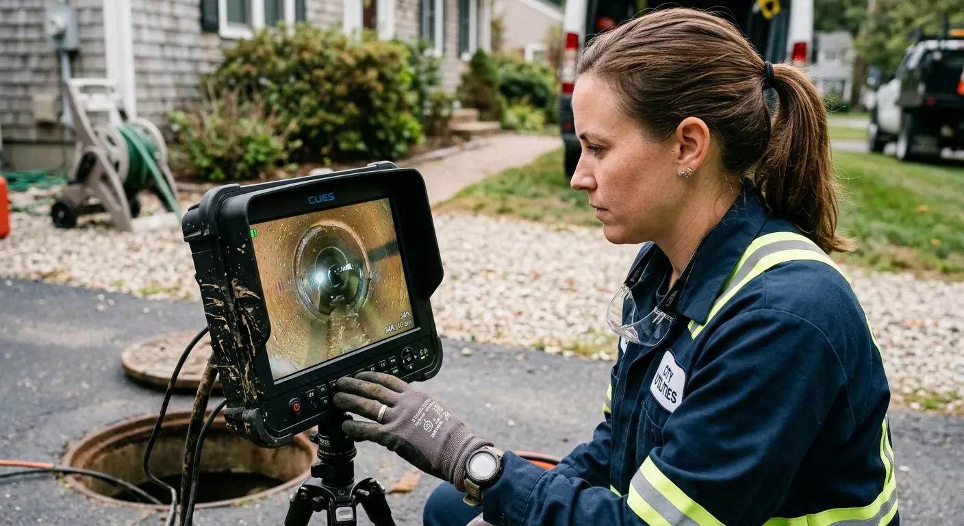 Technician reviewing sewer camera inspection footage in Slinger