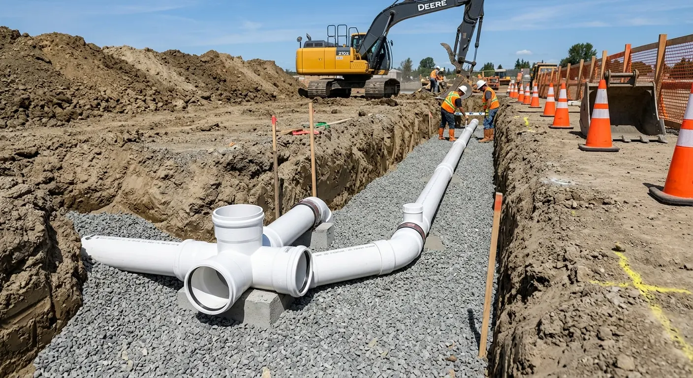 New PVC sewer pipe installation in open trench for Sewer Backup in Slinger