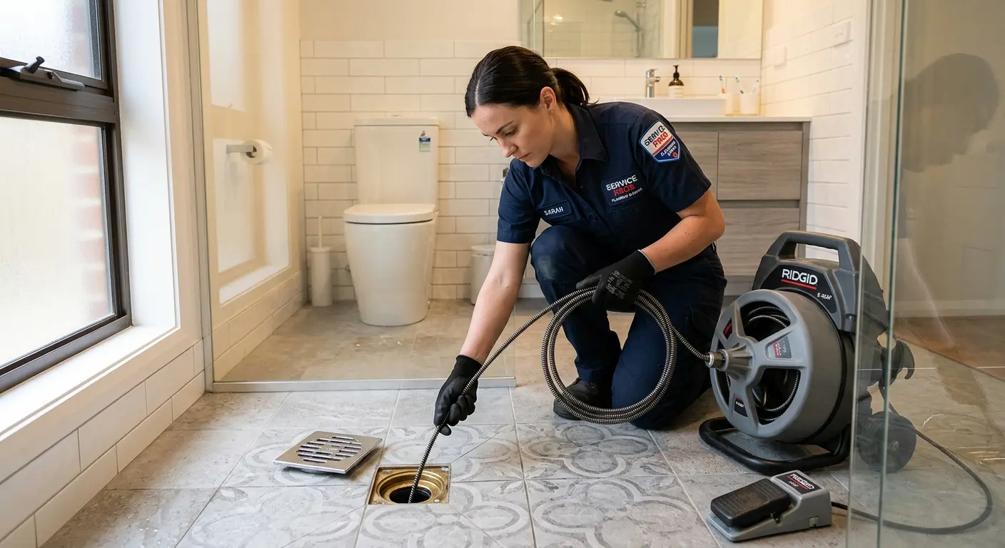 Technician clearing a bathroom floor drain for Hydro Jetting in Slinger